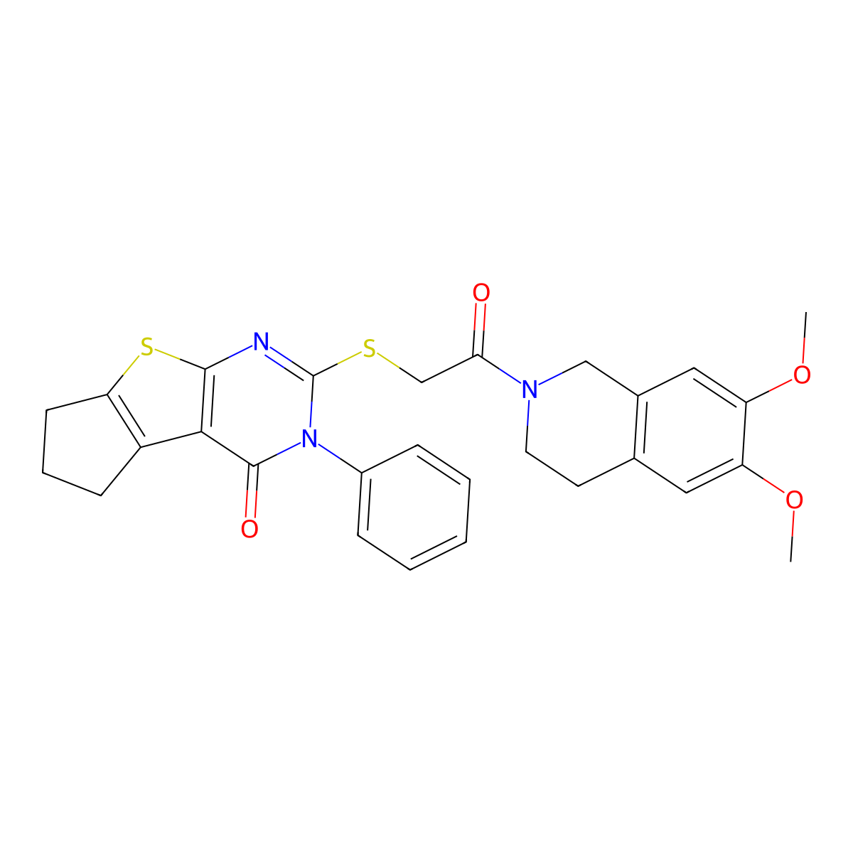 10-{[2-(6,7-Dimethoxy-1,2,3,4-tetrahydroisoquinolin-2-yl)-2-oxoethyl]sulfanyl}-11-phenyl-7-thia-9,11-diazatricyclo[6.4.0.0^{2,6}]dodeca-1(8),2(6),9-trien-12-one molecular structure, CAS 700860-22-6