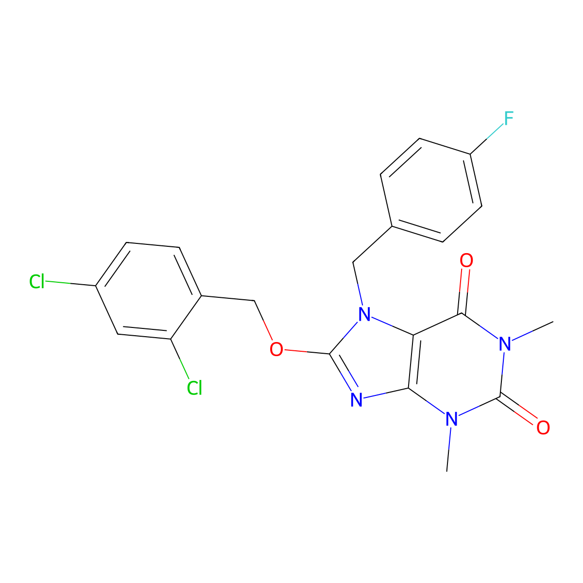 8-[(2,4-Dichlorophenyl)methoxy]-7-[(4-fluorophenyl)methyl]-1,3-dimethylpurine-2,6-dione molecular structure, CAS 700860-55-5