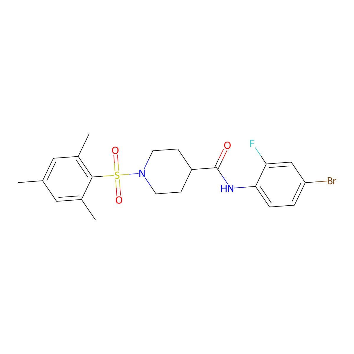 N-(4-bromo-2-fluorophenyl)-1-(2,4,6-trimethylphenyl)sulfonylpiperidine-4-carboxamide molecular structure, CAS 700860-92-0