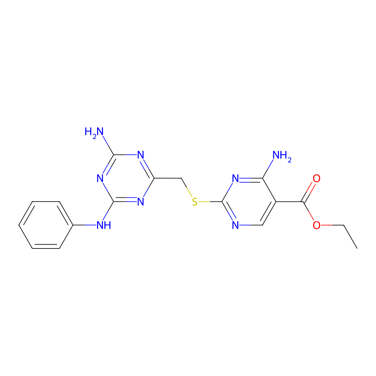 4-Amino-2-[(4-amino-6-anilino-1,3,5-triazin-2-yl)methylthio]-5-pyrimidinecarboxylic acid ethyl ester molecular structure, CAS 700862-36-8