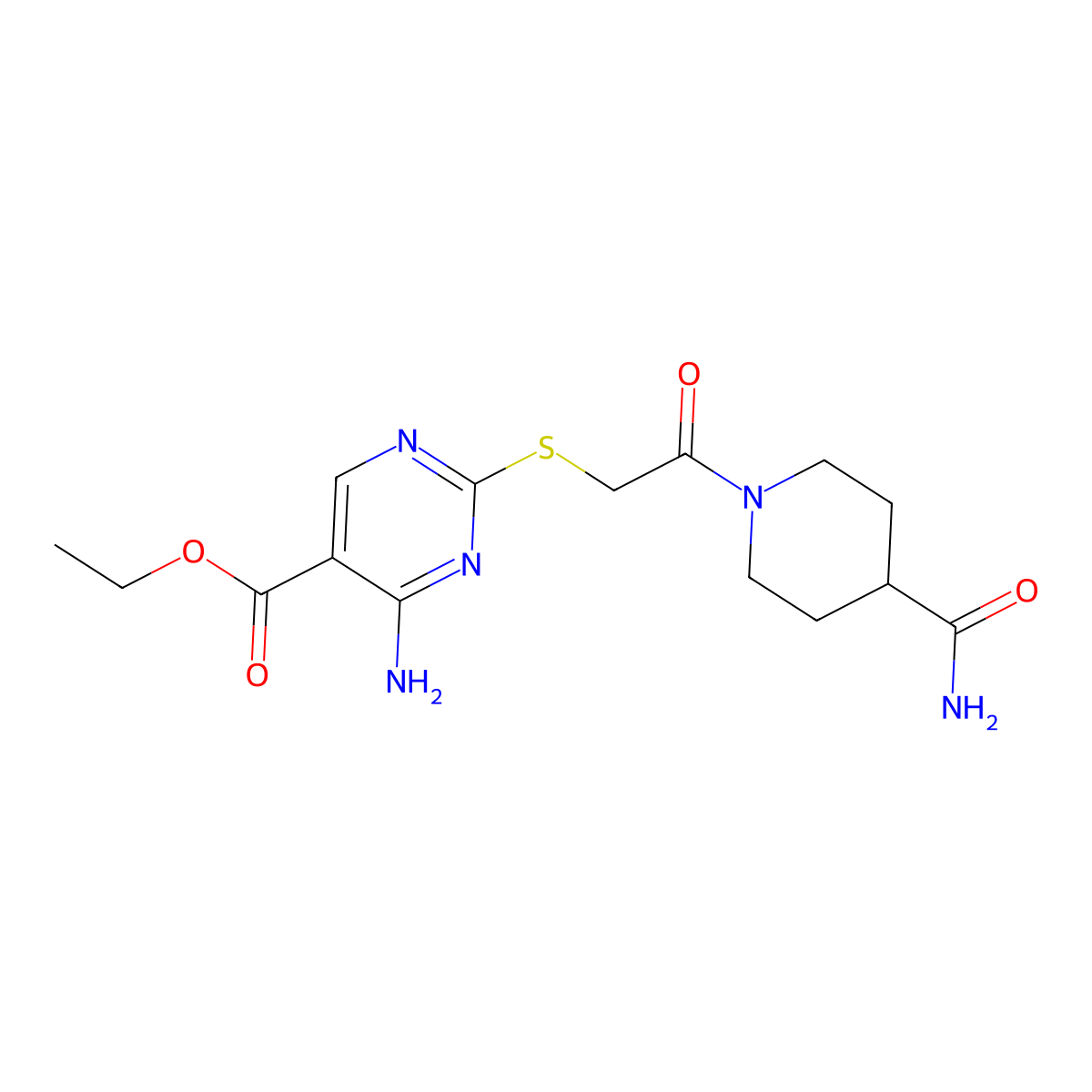 Ethyl 4-amino-2-({2-[4-(aminocarbonyl)piperidino]-2-oxoethyl}sulfanyl)-5-pyrimidinecarboxylate molecular structure, CAS 701217-07-4