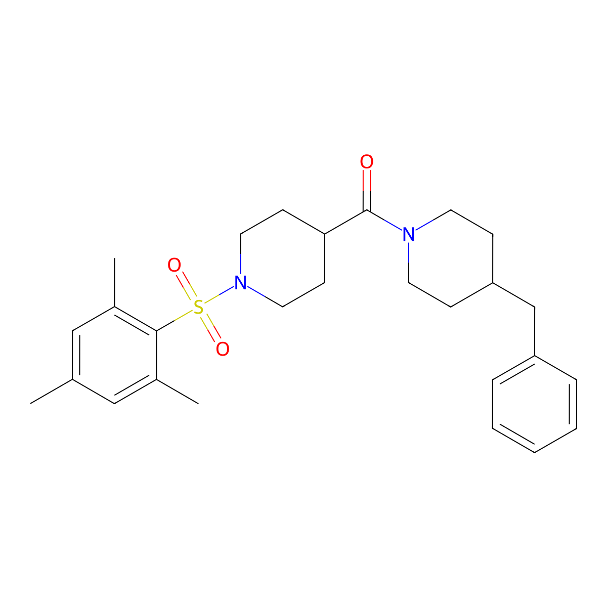 (4-Benzylpiperidin-1-yl)-[1-(2,4,6-trimethylphenyl)sulfonylpiperidin-4-yl]methanone molecular structure, CAS 701217-37-0