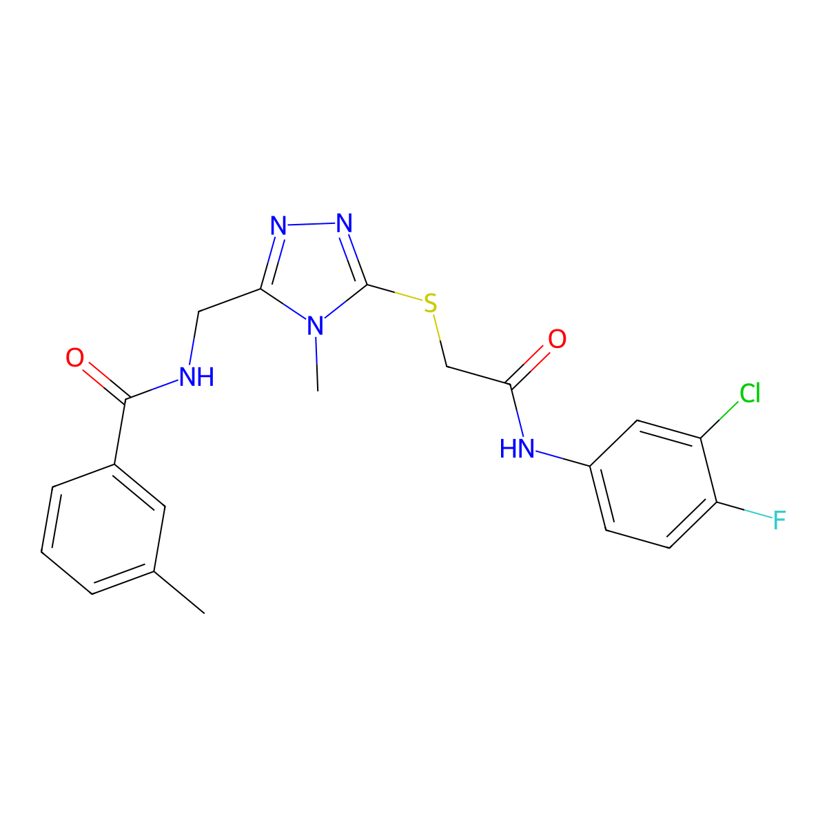 N-[[5-[2-(3-chloro-4-fluoroanilino)-2-oxoethyl]sulfanyl-4-methyl-1,2,4-triazol-3-yl]methyl]-3-methylbenzamide molecular structure, CAS 701217-67-6
