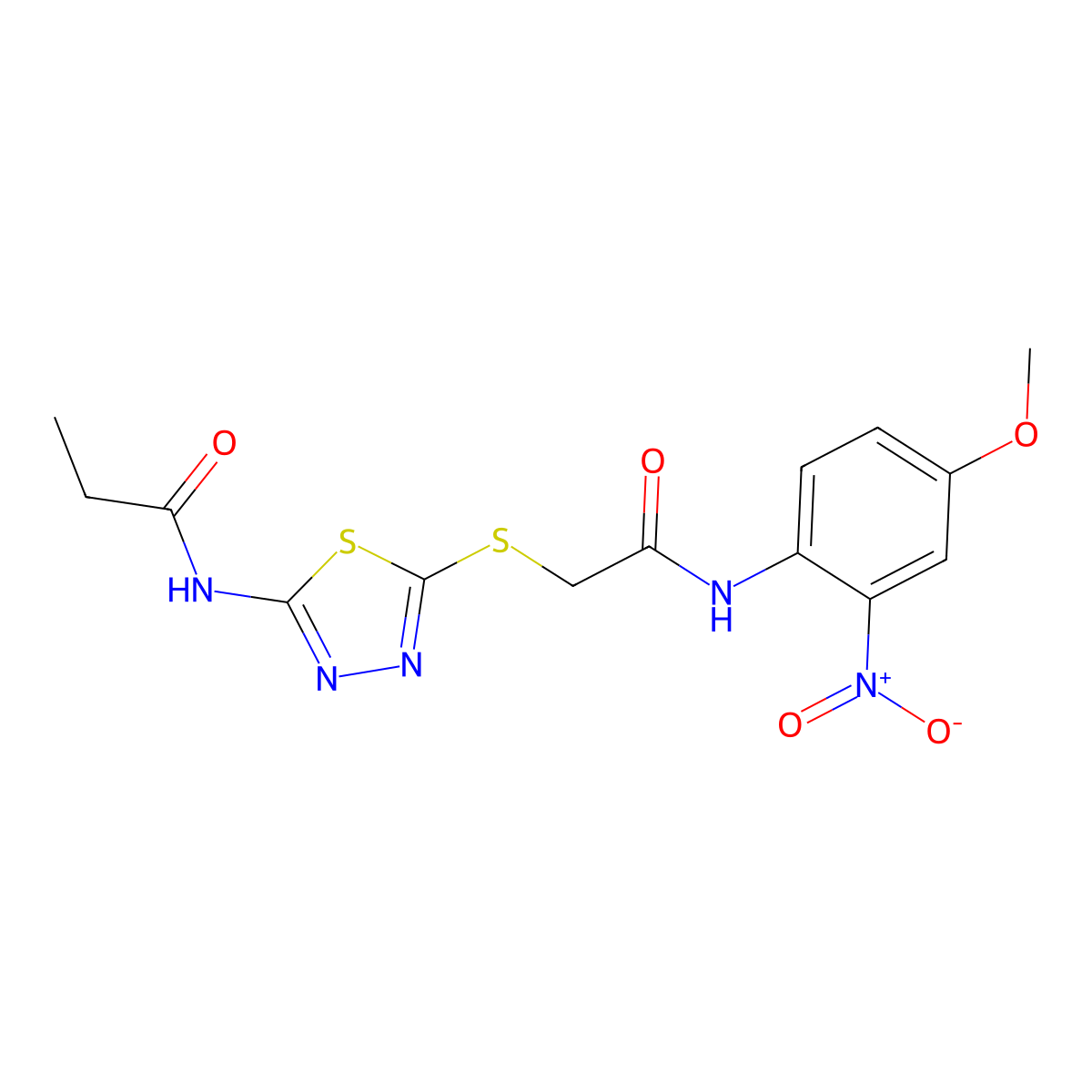 N-[5-[2-(4-methoxy-2-nitroanilino)-2-oxoethyl]sulfanyl-1,3,4-thiadiazol-2-yl]propanamide molecular structure, CAS 701218-37-3