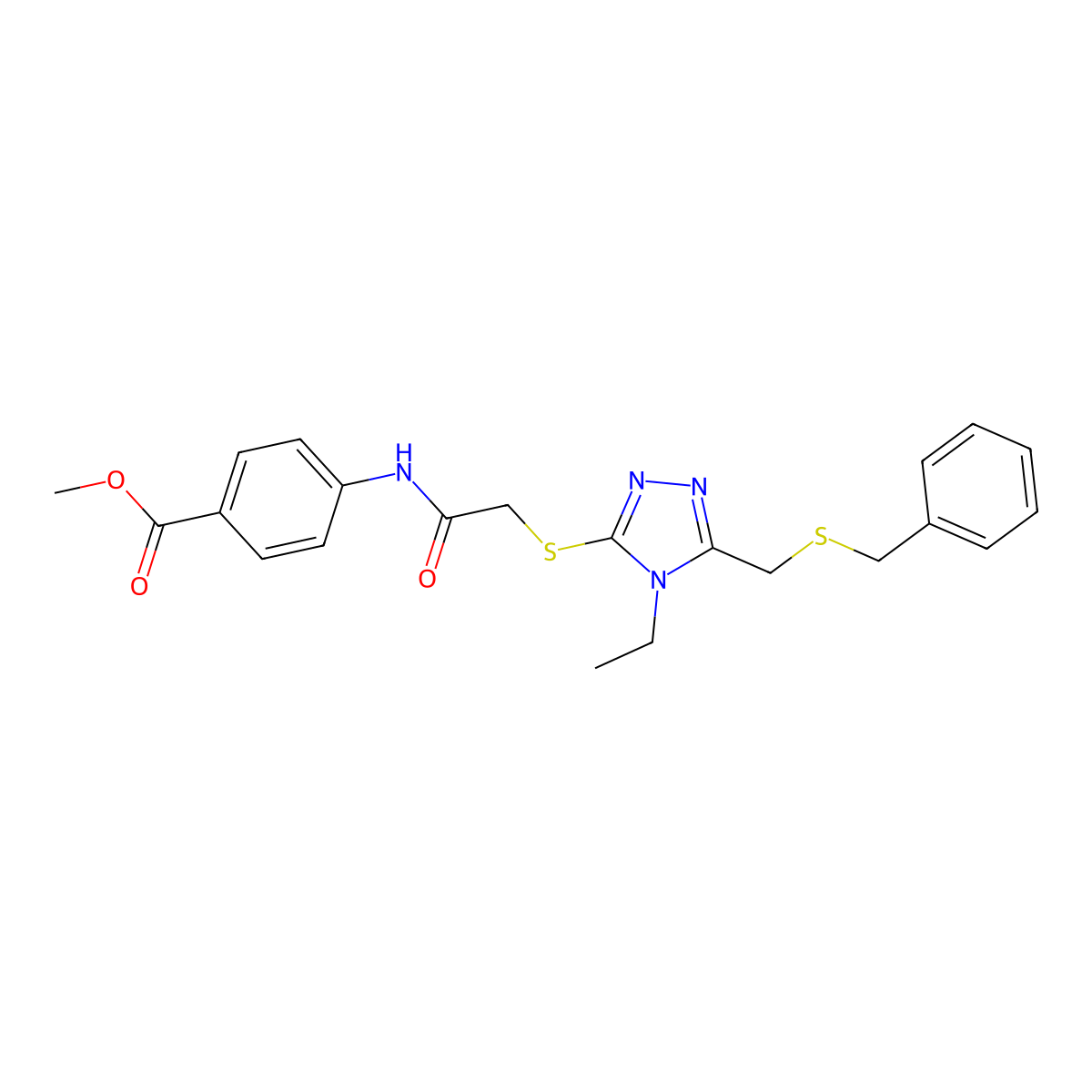 Methyl 4-[[2-[[5-(benzylsulfanylmethyl)-4-ethyl-1,2,4-triazol-3-yl]sulfanyl]acetyl]amino]benzoate molecular structure, CAS 701218-90-8