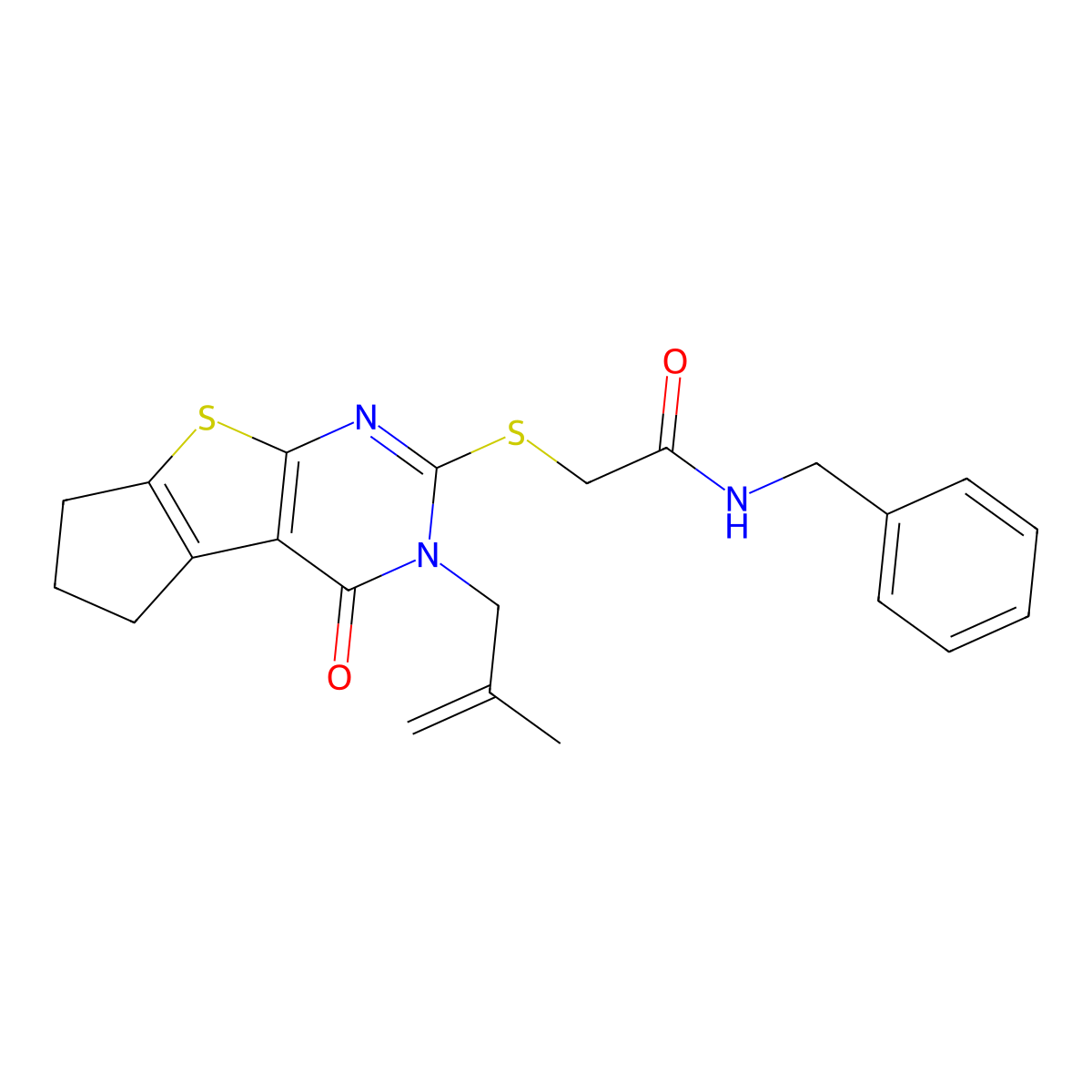 N-benzyl-2-{[11-(2-methylprop-2-en-1-yl)-12-oxo-7-thia-9,11-diazatricyclo[6.4.0.0^{2,6}]dodeca-1(8),2(6),9-trien-10-yl]sulfanyl}acetamide molecular structure, CAS 701219-17-2