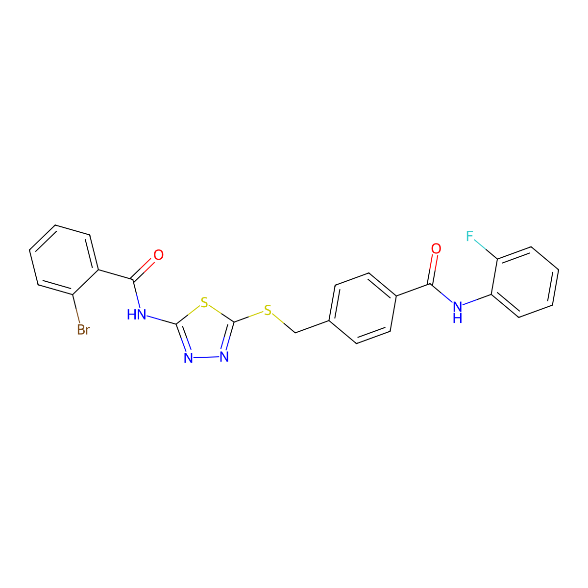 2-bromo-N-[5-[[4-[(2-fluorophenyl)carbamoyl]phenyl]methylsulfanyl]-1,3,4-thiadiazol-2-yl]benzamide molecular structure, CAS 701219-99-0