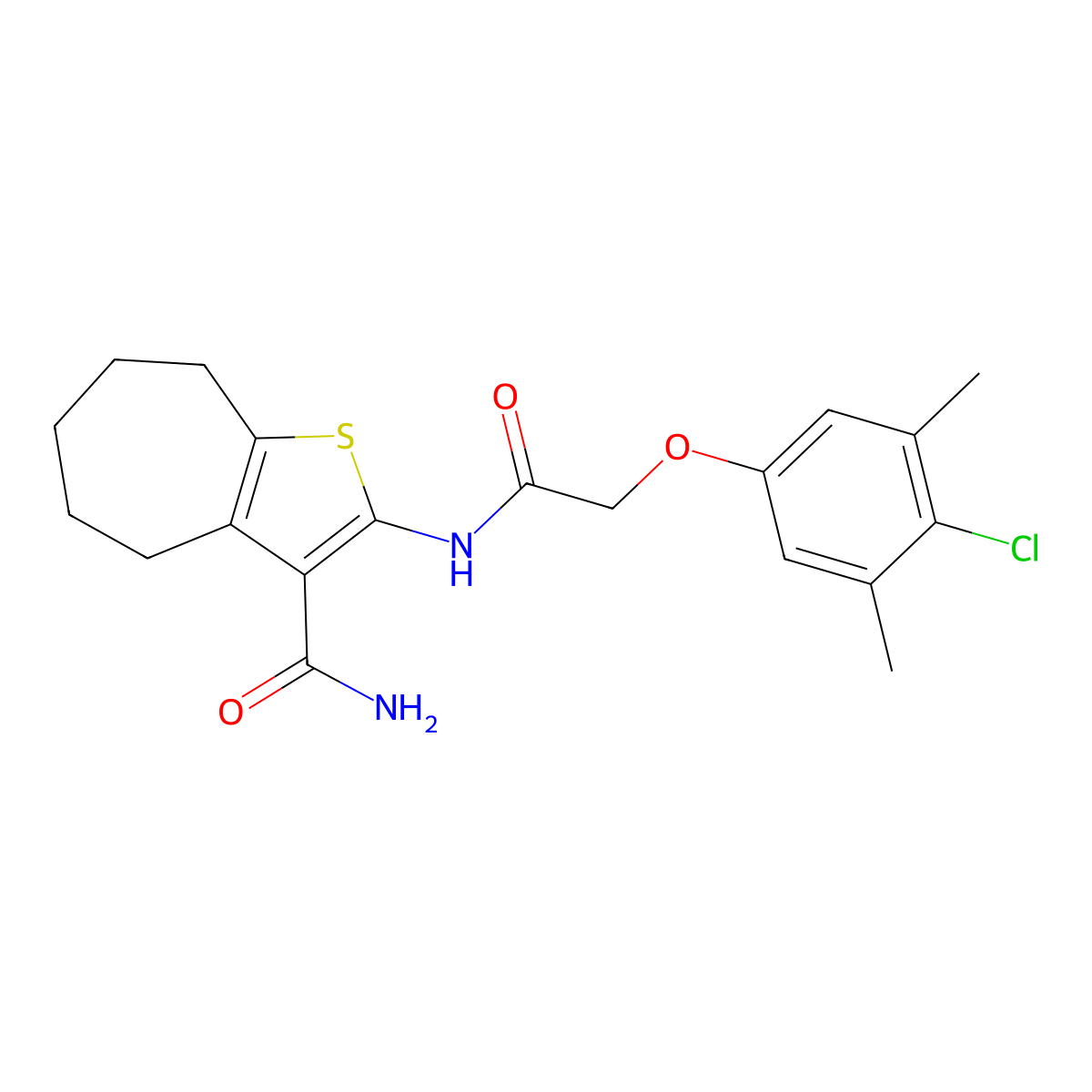 2-[[2-(4-chloro-3,5-dimethylphenoxy)acetyl]amino]-5,6,7,8-tetrahydro-4H-cyclohepta[b]thiophene-3-carboxamide molecular structure, CAS 701220-41-9