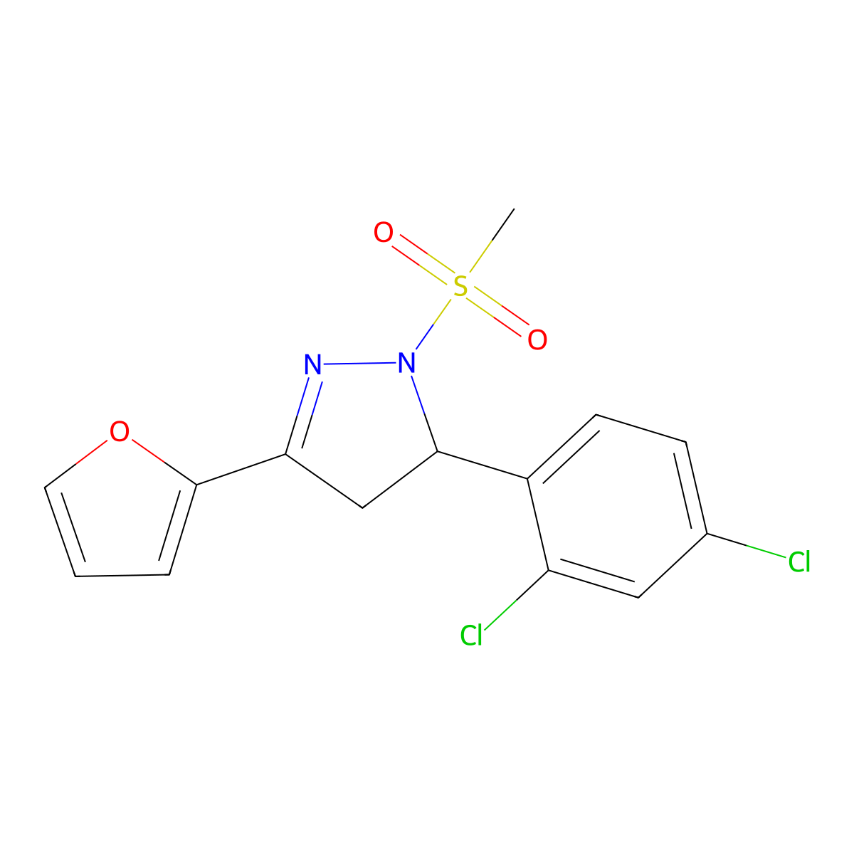 3-(2,4-Dichlorophenyl)-5-(furan-2-yl)-2-methylsulfonyl-3,4-dihydropyrazole molecular structure, CAS 701220-45-3
