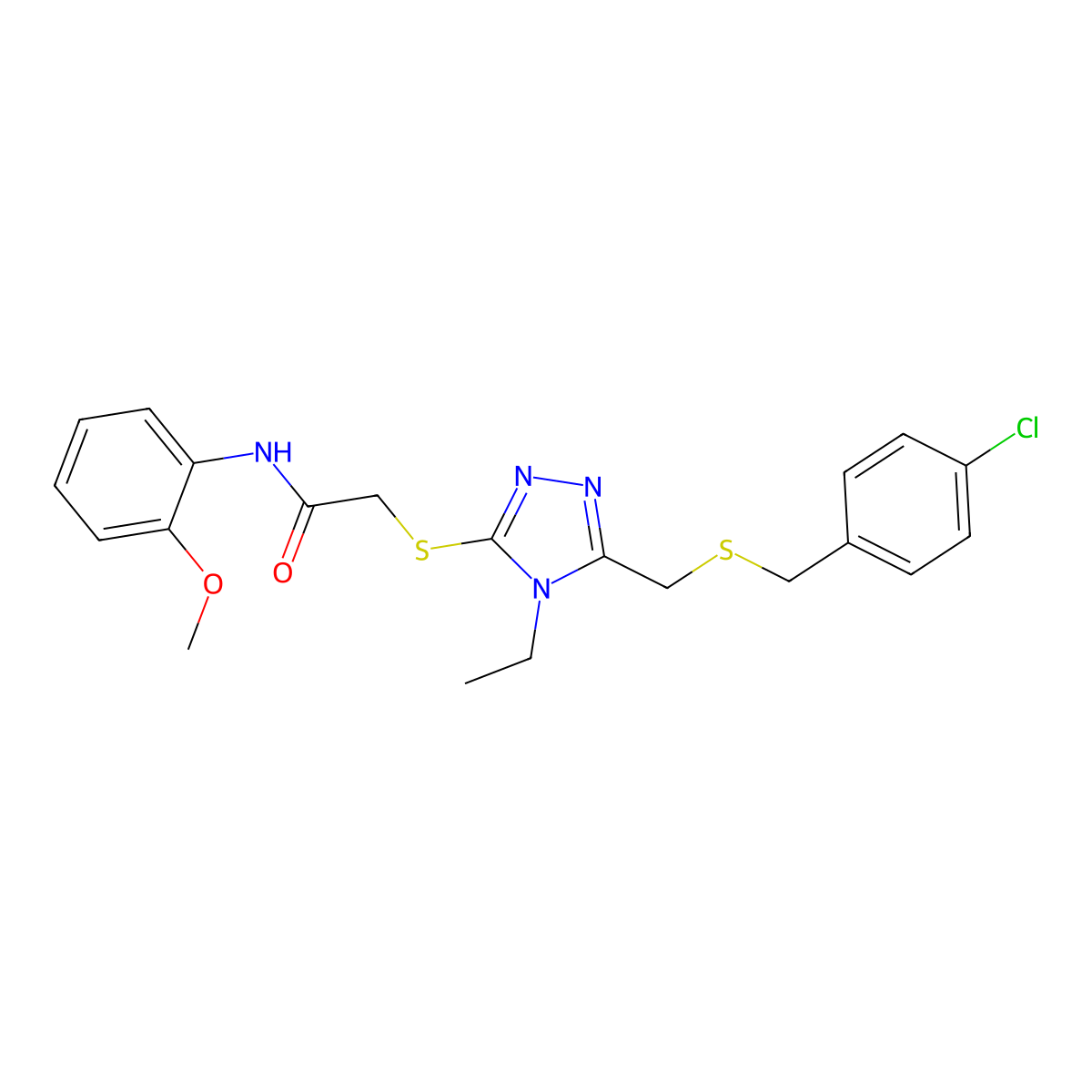 2-[[5-[(4-chlorophenyl)methylsulfanylmethyl]-4-ethyl-1,2,4-triazol-3-yl]sulfanyl]-N-(2-methoxyphenyl)acetamide molecular structure, CAS 701221-26-3