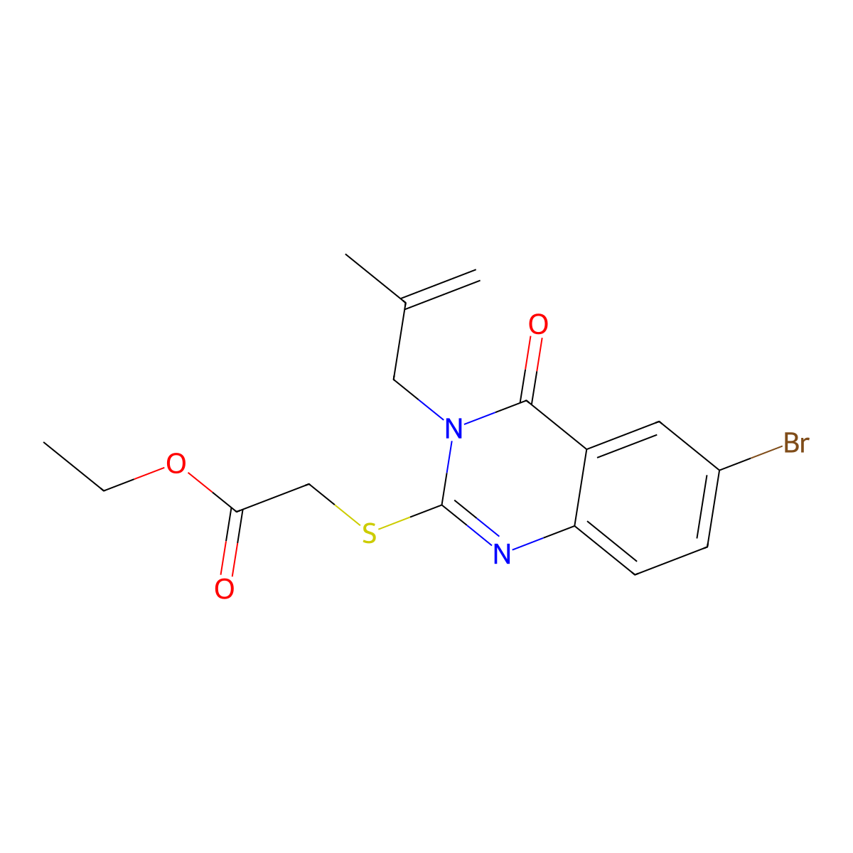 Ethyl 2-((6-bromo-3-(2-methylallyl)-4-oxo-3,4-dihydroquinazolin-2-yl)thio)acetate molecular structure, CAS 701221-27-4