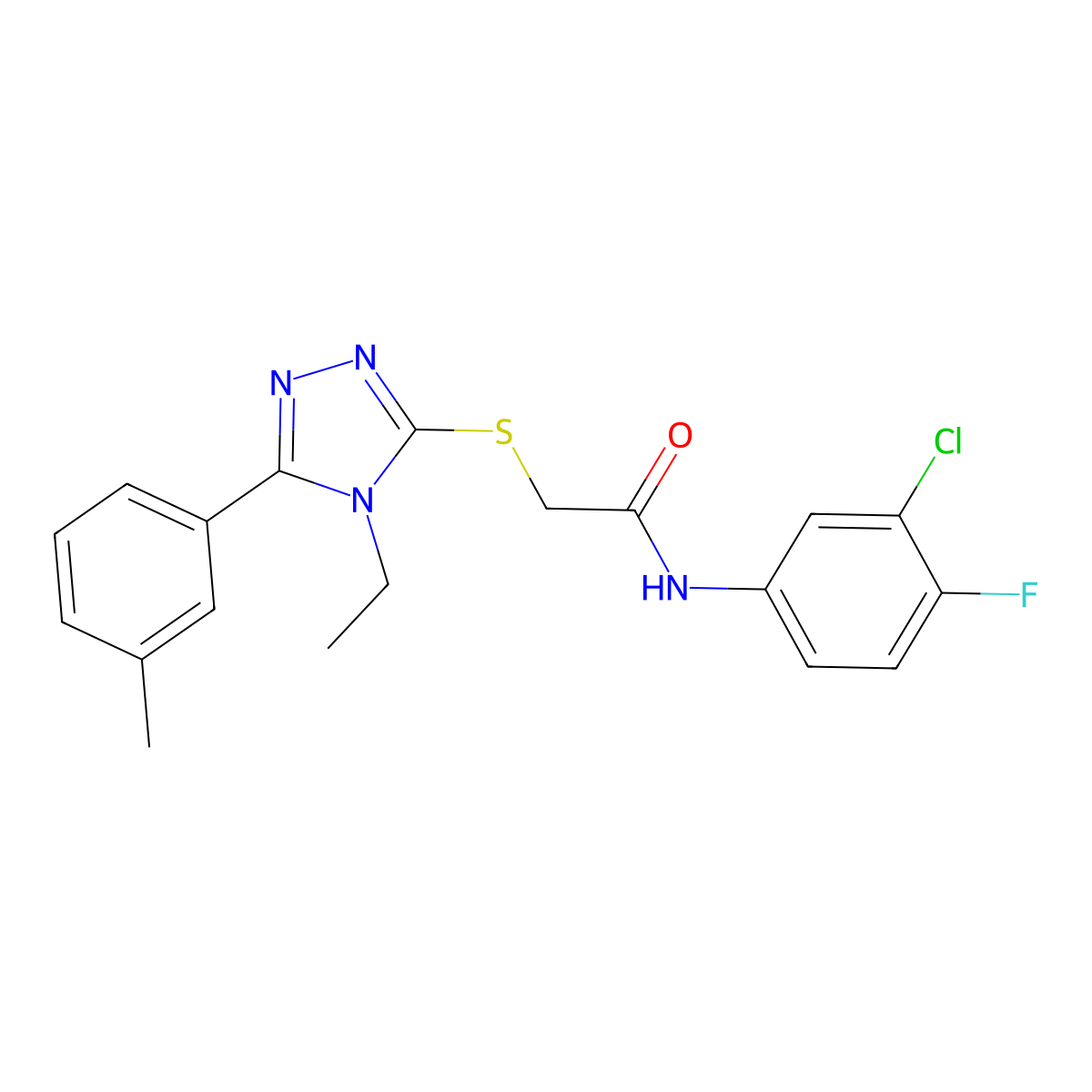 N-(3-chloro-4-fluorophenyl)-2-[[4-ethyl-5-(3-methylphenyl)-1,2,4-triazol-3-yl]sulfanyl]acetamide molecular structure, CAS 701221-48-9