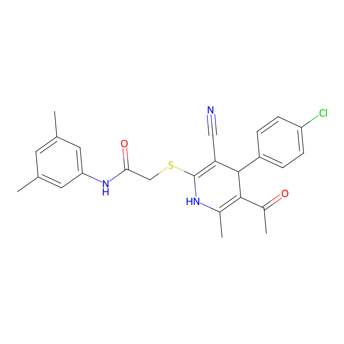 2-[[5-acetyl-4-(4-chlorophenyl)-3-cyano-6-methyl-1,4-dihydropyridin-2-yl]sulfanyl]-N-(3,5-dimethylphenyl)acetamide molecular structure, CAS 701223-05-4