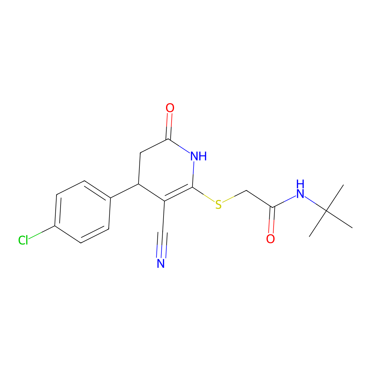 N-tert-butyl-2-[[4-(4-chlorophenyl)-5-cyano-2-oxo-3,4-dihydro-1H-pyridin-6-yl]sulfanyl]acetamide molecular structure, CAS 701223-24-7