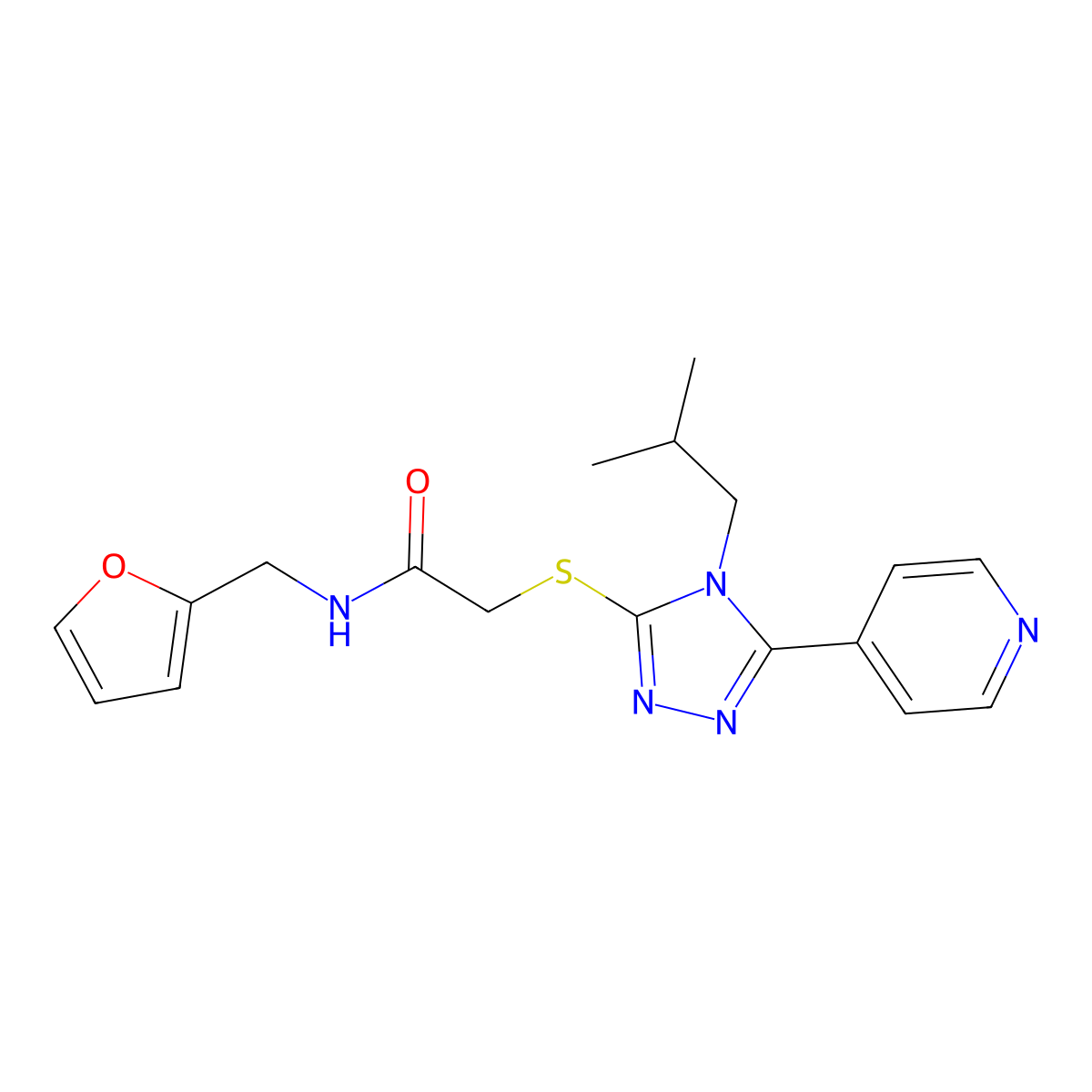 N-(furan-2-ylmethyl)-2-[[4-(2-methylpropyl)-5-pyridin-4-yl-1,2,4-triazol-3-yl]sulfanyl]acetamide molecular structure, CAS 701223-54-3