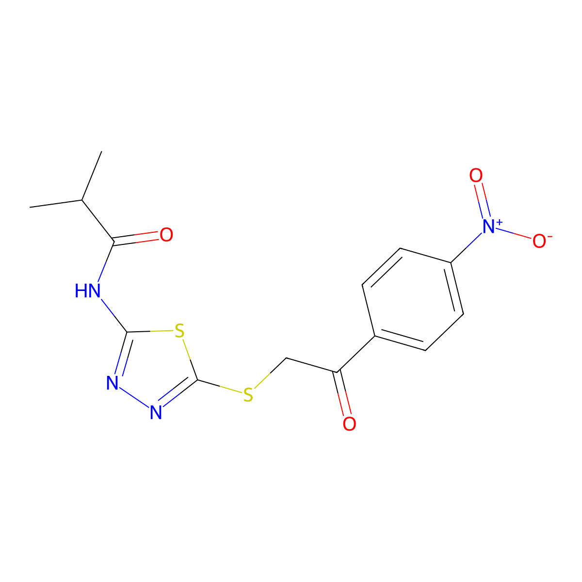 2-methyl-N-[5-[2-(4-nitrophenyl)-2-oxoethyl]sulfanyl-1,3,4-thiadiazol-2-yl]propanamide molecular structure, CAS 701223-62-3