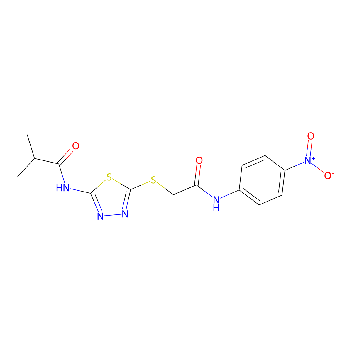 2-methyl-N-[5-[2-(4-nitroanilino)-2-oxoethyl]sulfanyl-1,3,4-thiadiazol-2-yl]propanamide molecular structure, CAS 701223-69-0