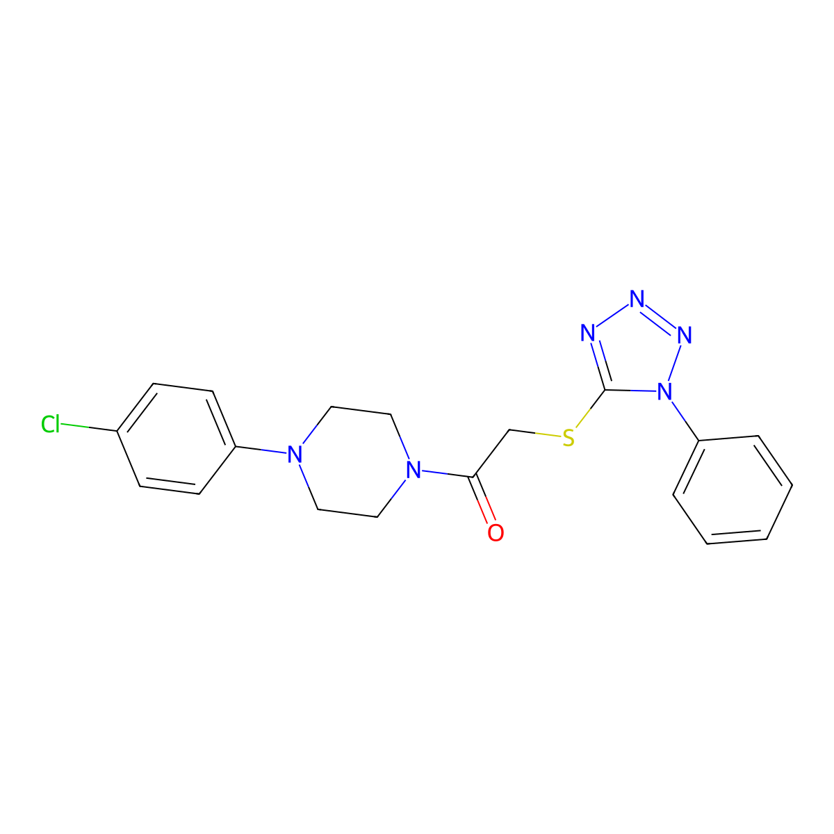 1-[4-(4-Chlorophenyl)piperazin-1-yl]-2-(1-phenyltetrazol-5-yl)sulfanylethanone molecular structure, CAS 701224-81-9
