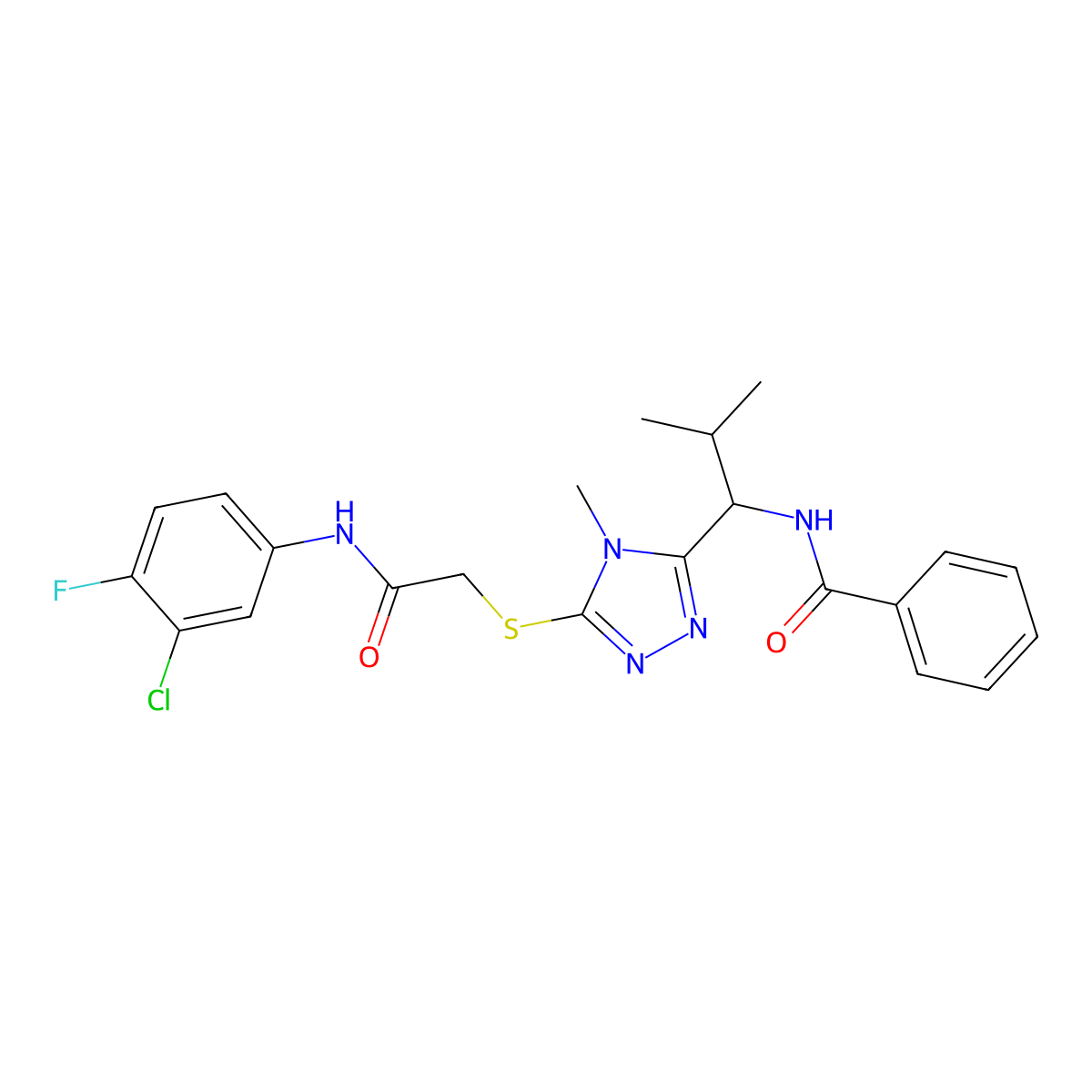 N-[1-[5-[2-(3-chloro-4-fluoroanilino)-2-oxoethyl]sulfanyl-4-methyl-1,2,4-triazol-3-yl]-2-methylpropyl]benzamide molecular structure, CAS 701225-05-0