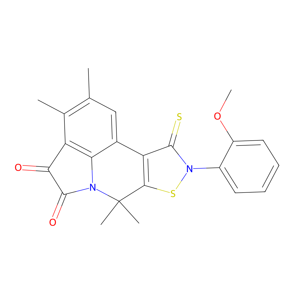 9-(2-methoxyphenyl)-2,3,7,7-tetramethyl-10-thioxo-9,10-dihydro-7H-isothiazolo[5,4-c]pyrrolo[3,2,1-ij]quinoline-4,5-dione molecular structure, CAS 701225-20-9