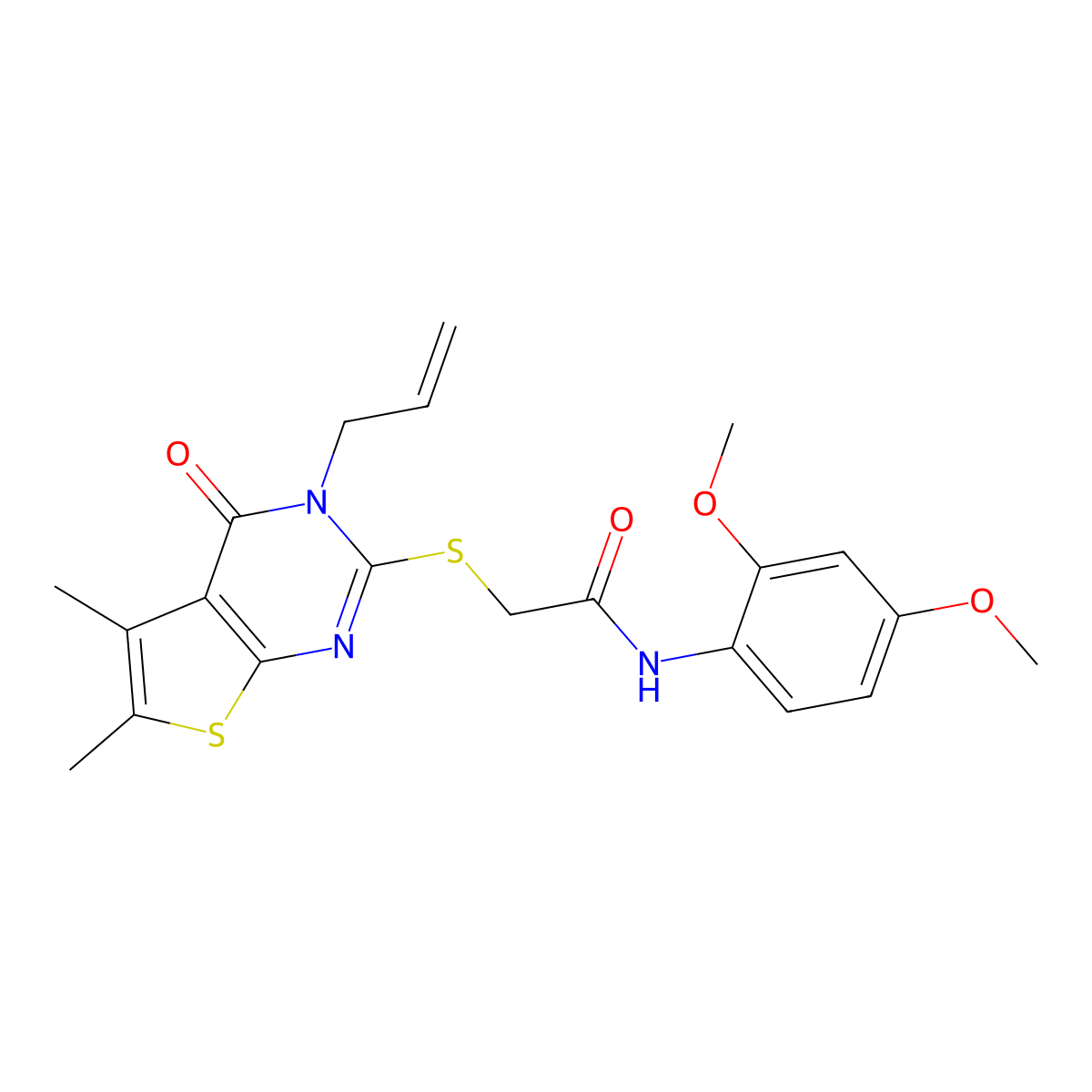 N-(2,4-dimethoxyphenyl)-2-{[5,6-dimethyl-4-oxo-3-(prop-2-en-1-yl)-3,4-dihydrothieno[2,3-d]pyrimidin-2-yl]sulfanyl}acetamide molecular structure, CAS 701225-85-6