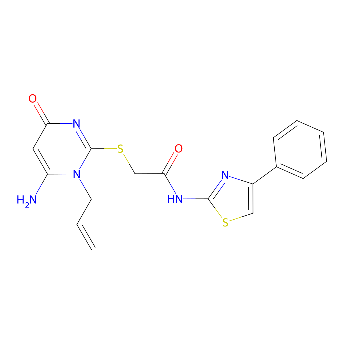 2-(6-amino-4-oxo-1-prop-2-enylpyrimidin-2-yl)sulfanyl-N-(4-phenyl-1,3-thiazol-2-yl)acetamide molecular structure, CAS 701226-22-4