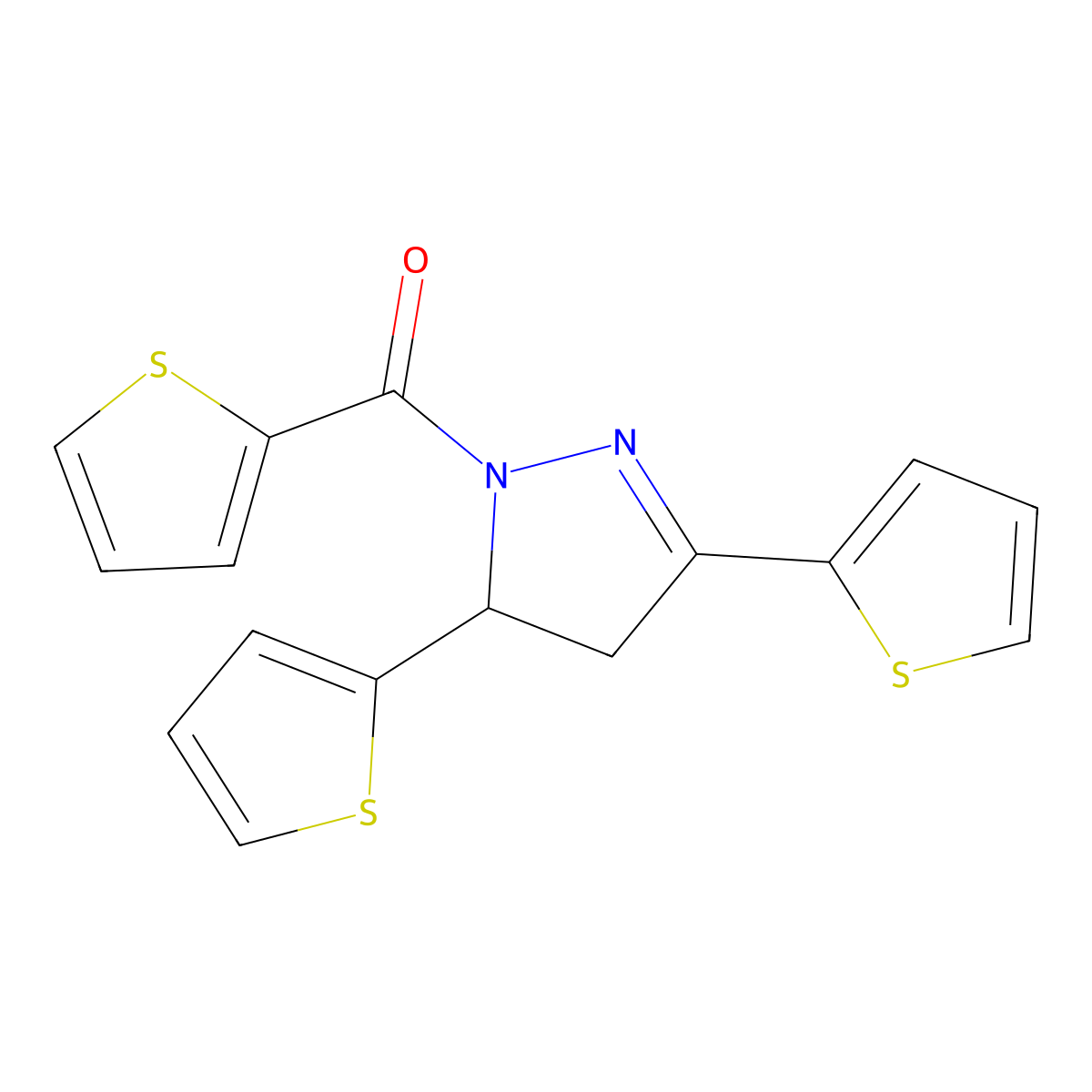 (3,5-di(thiophen-2-yl)-4,5-dihydro-1H-pyrazol-1-yl)(thiophen-2-yl)methanone molecular structure, CAS 701226-30-4