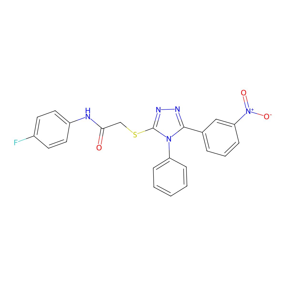 N-(4-fluorophenyl)-2-[[5-(3-nitrophenyl)-4-phenyl-1,2,4-triazol-3-yl]sulfanyl]acetamide molecular structure, CAS 701226-39-3