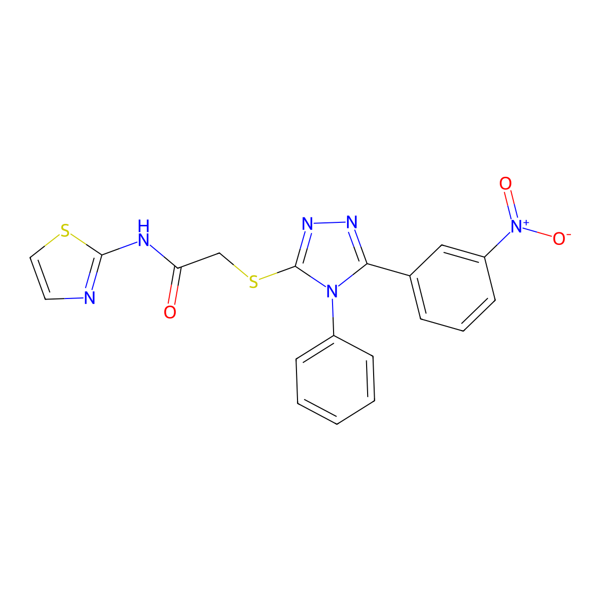 2-[[5-(3-nitrophenyl)-4-phenyl-1,2,4-triazol-3-yl]sulfanyl]-N-(1,3-thiazol-2-yl)acetamide molecular structure, CAS 701226-51-9