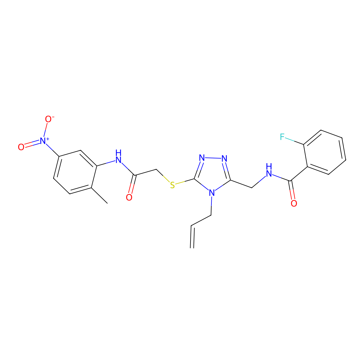 2-fluoro-N-[[5-[2-(2-methyl-5-nitroanilino)-2-oxoethyl]sulfanyl-4-prop-2-enyl-1,2,4-triazol-3-yl]methyl]benzamide molecular structure, CAS 701226-62-2