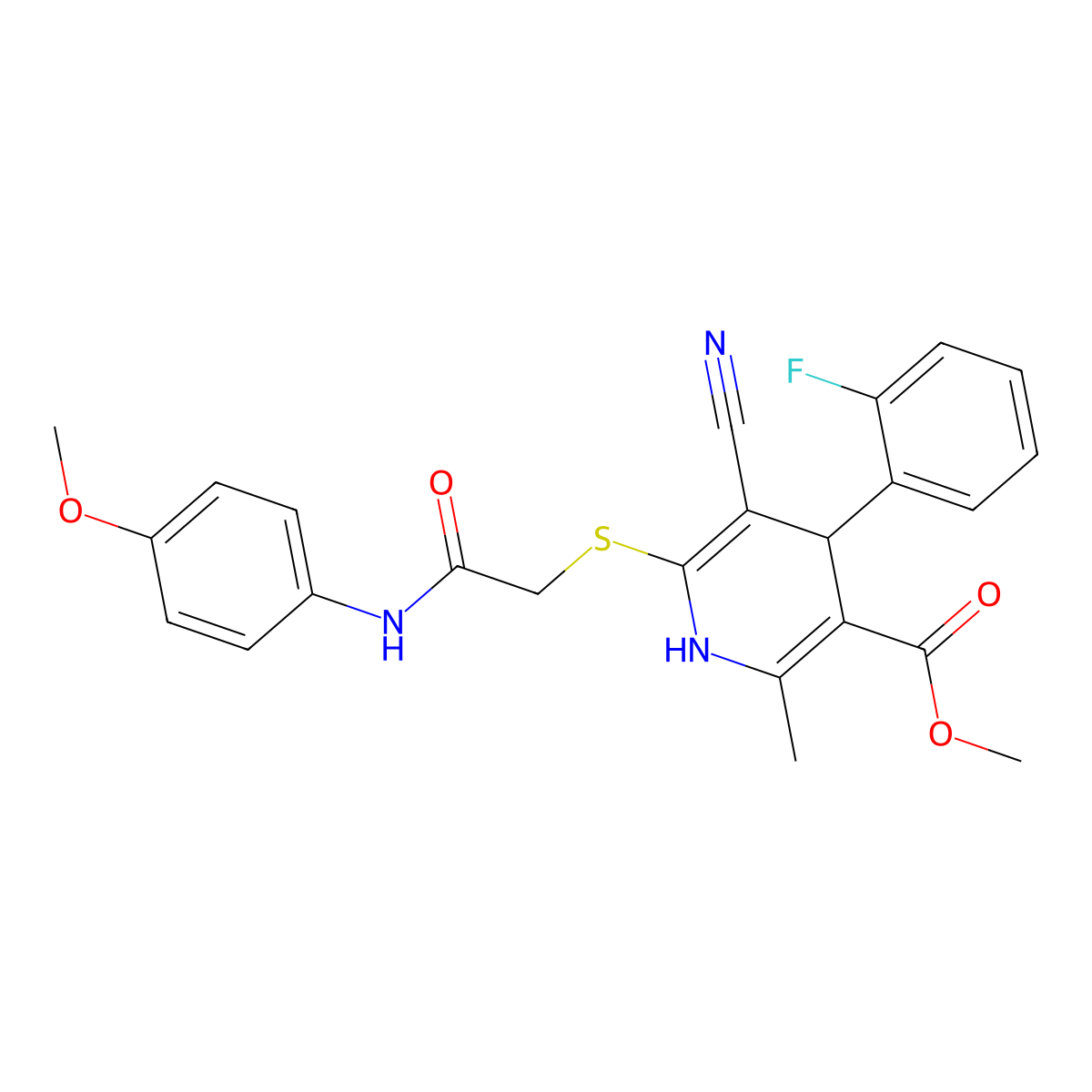 Methyl 5-cyano-4-(2-fluorophenyl)-6-[2-(4-methoxyanilino)-2-oxoethyl]sulfanyl-2-methyl-1,4-dihydropyridine-3-carboxylate molecular structure, CAS 701226-67-7