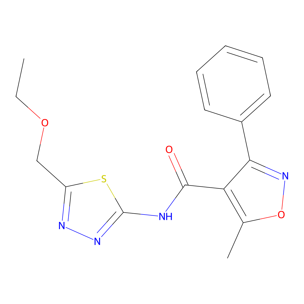 N-[5-(ethoxymethyl)-1,3,4-thiadiazol-2-yl]-5-methyl-3-phenyl-1,2-oxazole-4-carboxamide molecular structure, CAS 701226-86-0
