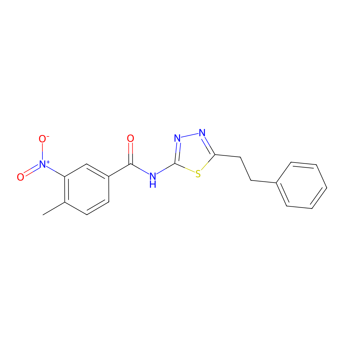 4-methyl-3-nitro-N-(5-phenethyl-1,3,4-thiadiazol-2-yl)benzamide molecular structure, CAS 701227-14-7