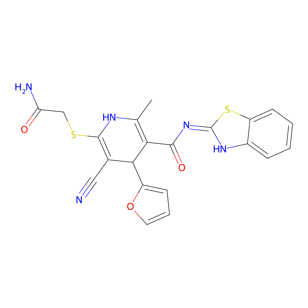 6-(2-amino-2-oxoethyl)sulfanyl-N-(1,3-benzothiazol-2-yl)-5-cyano-4-(furan-2-yl)-2-methyl-1,4-dihydropyridine-3-carboxamide molecular structure, CAS 701227-20-5