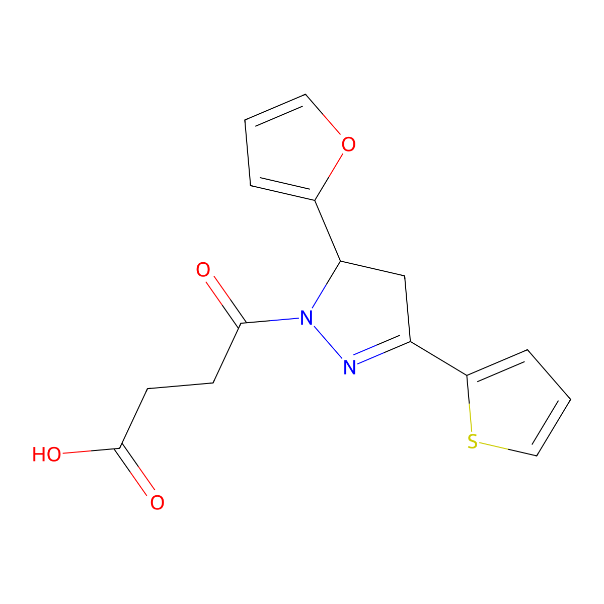 4-[5-(furan-2-yl)-3-(thiophen-2-yl)-4,5-dihydro-1H-pyrazol-1-yl]-4-oxobutanoic acid molecular structure, CAS 701227-58-9
