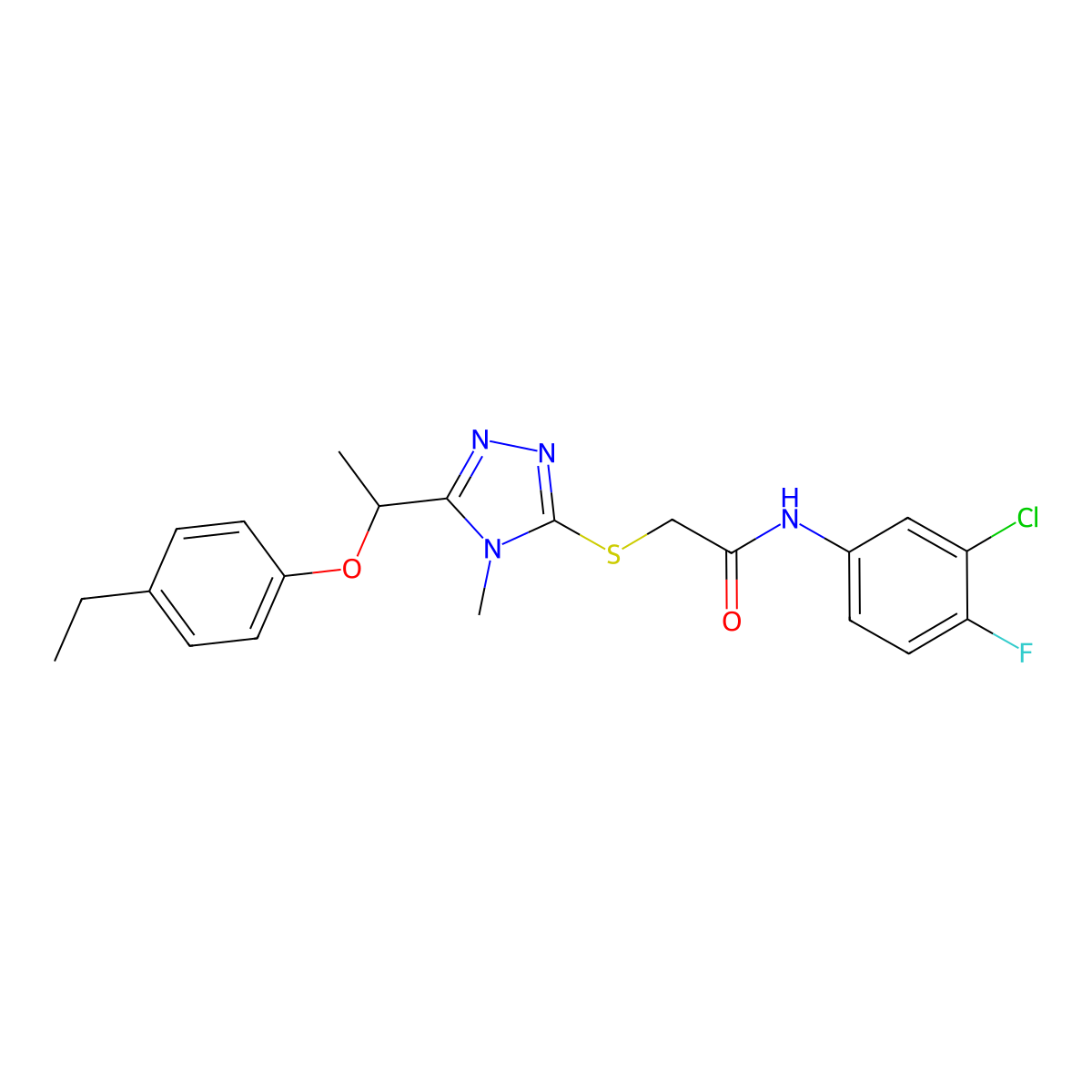 N-(3-chloro-4-fluorophenyl)-2-[[5-[1-(4-ethylphenoxy)ethyl]-4-methyl-1,2,4-triazol-3-yl]sulfanyl]acetamide molecular structure, CAS 701227-94-3