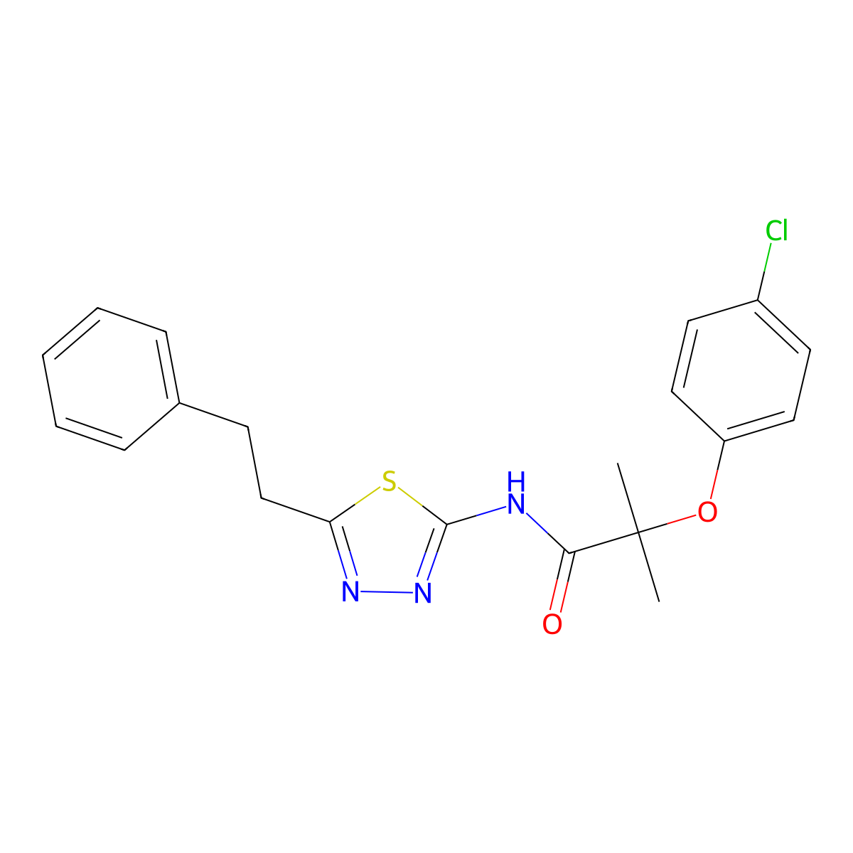 2-(4-chlorophenoxy)-2-methyl-N-[5-(2-phenylethyl)-1,3,4-thiadiazol-2-yl]propanamide molecular structure, CAS 701228-01-5