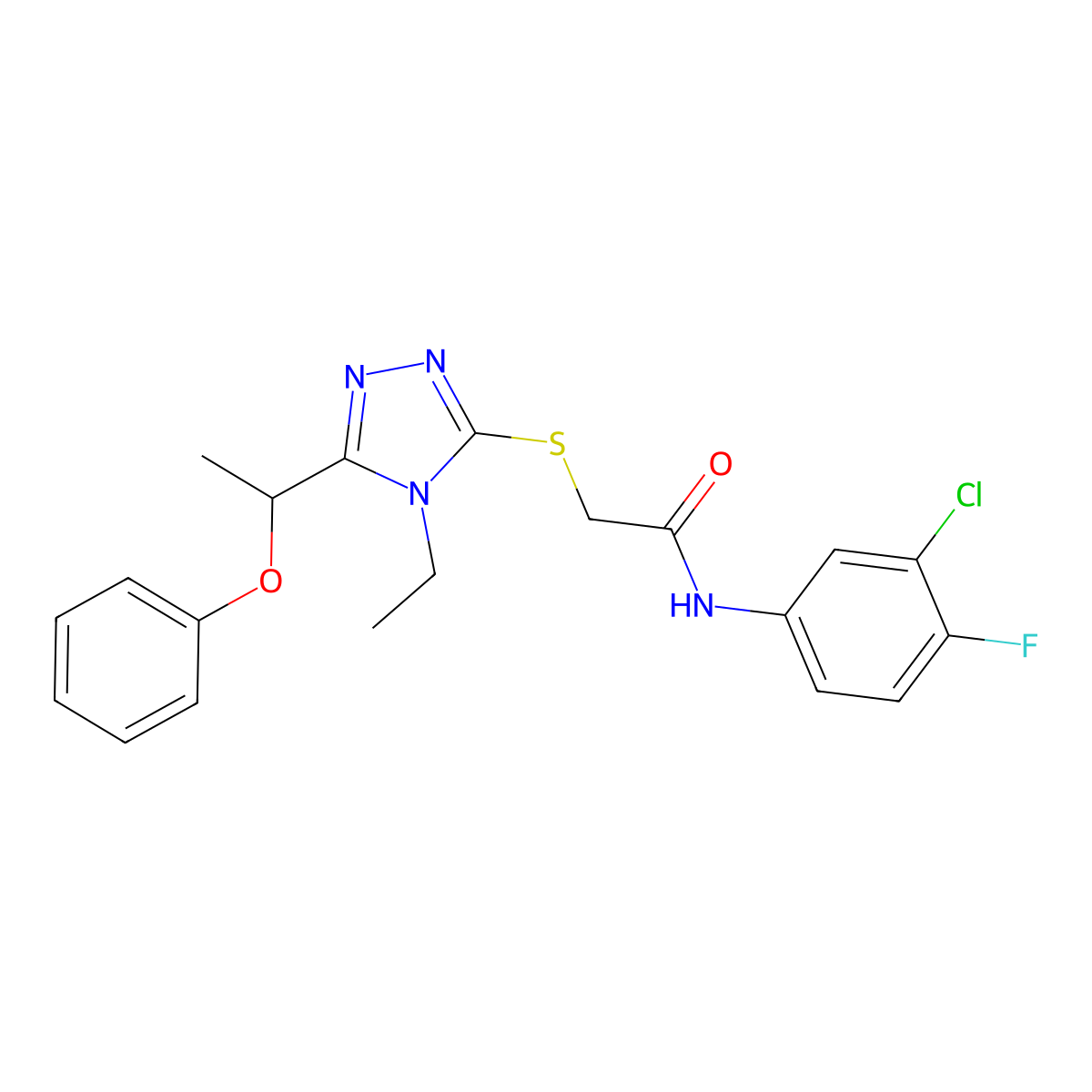 N-(3-chloro-4-fluorophenyl)-2-[[4-ethyl-5-(1-phenoxyethyl)-1,2,4-triazol-3-yl]sulfanyl]acetamide molecular structure, CAS 701228-06-0