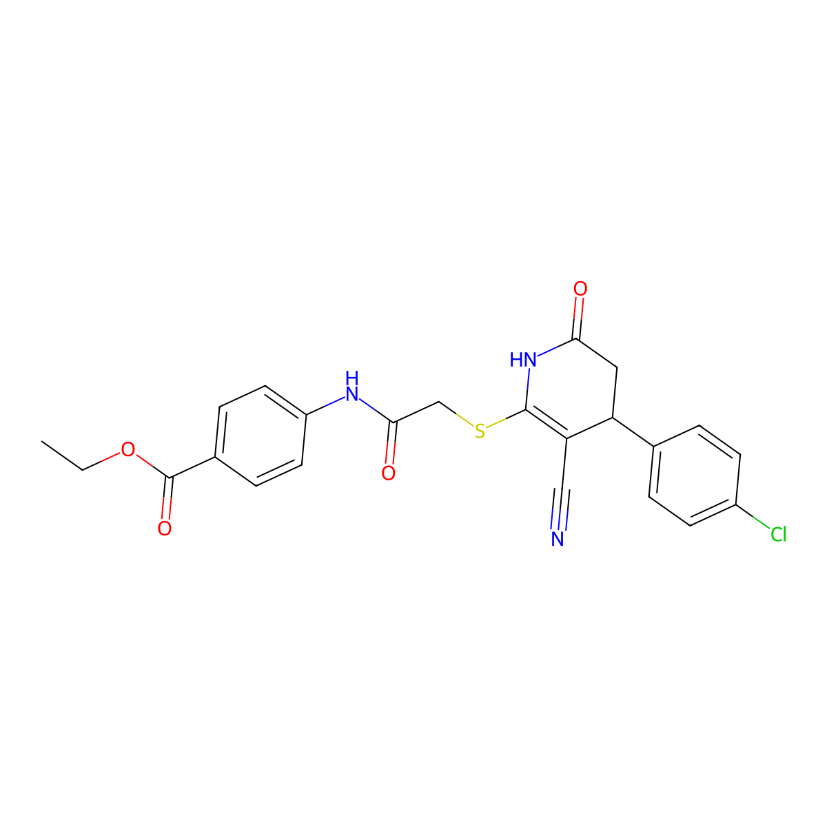 Ethyl 4-(2-((4-(4-chlorophenyl)-3-cyano-6-oxo-1,4,5,6-tetrahydropyridin-2-yl)thio)acetamido)benzoate molecular structure, CAS 701228-11-7