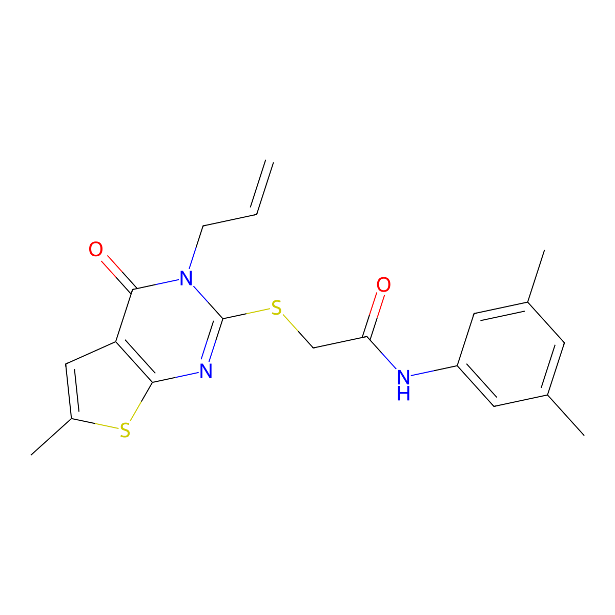 N-(3,5-dimethylphenyl)-2-(6-methyl-4-oxo-3-prop-2-enylthieno[2,3-d]pyrimidin-2-yl)sulfanylacetamide molecular structure, CAS 701228-29-7