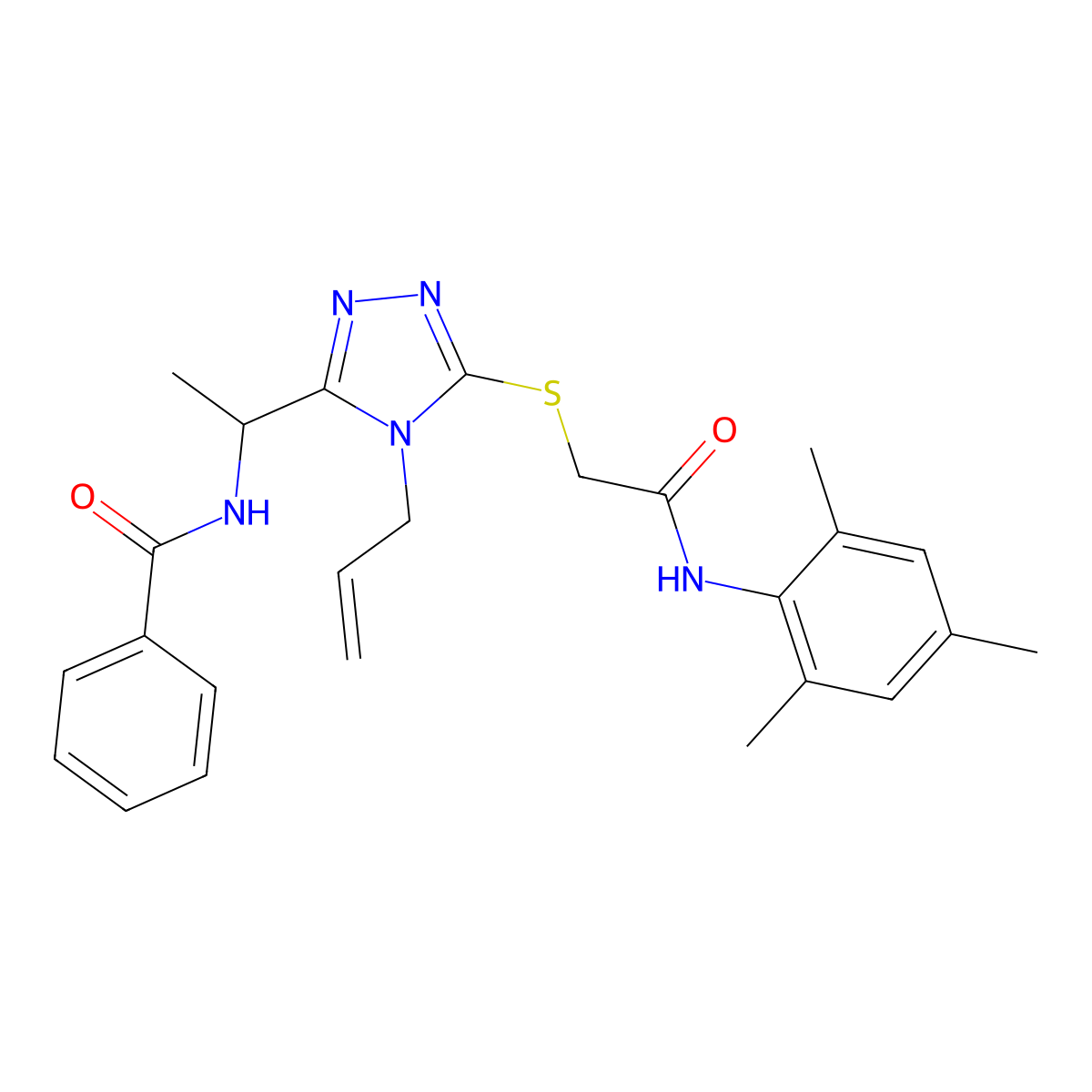 N-{1-[5-({2-oxo-2-[(2,4,6-trimethylphenyl)amino]ethyl}sulfanyl)-4-(prop-2-en-1-yl)-4H-1,2,4-triazol-3-yl]ethyl}benzamide molecular structure, CAS 701228-62-8