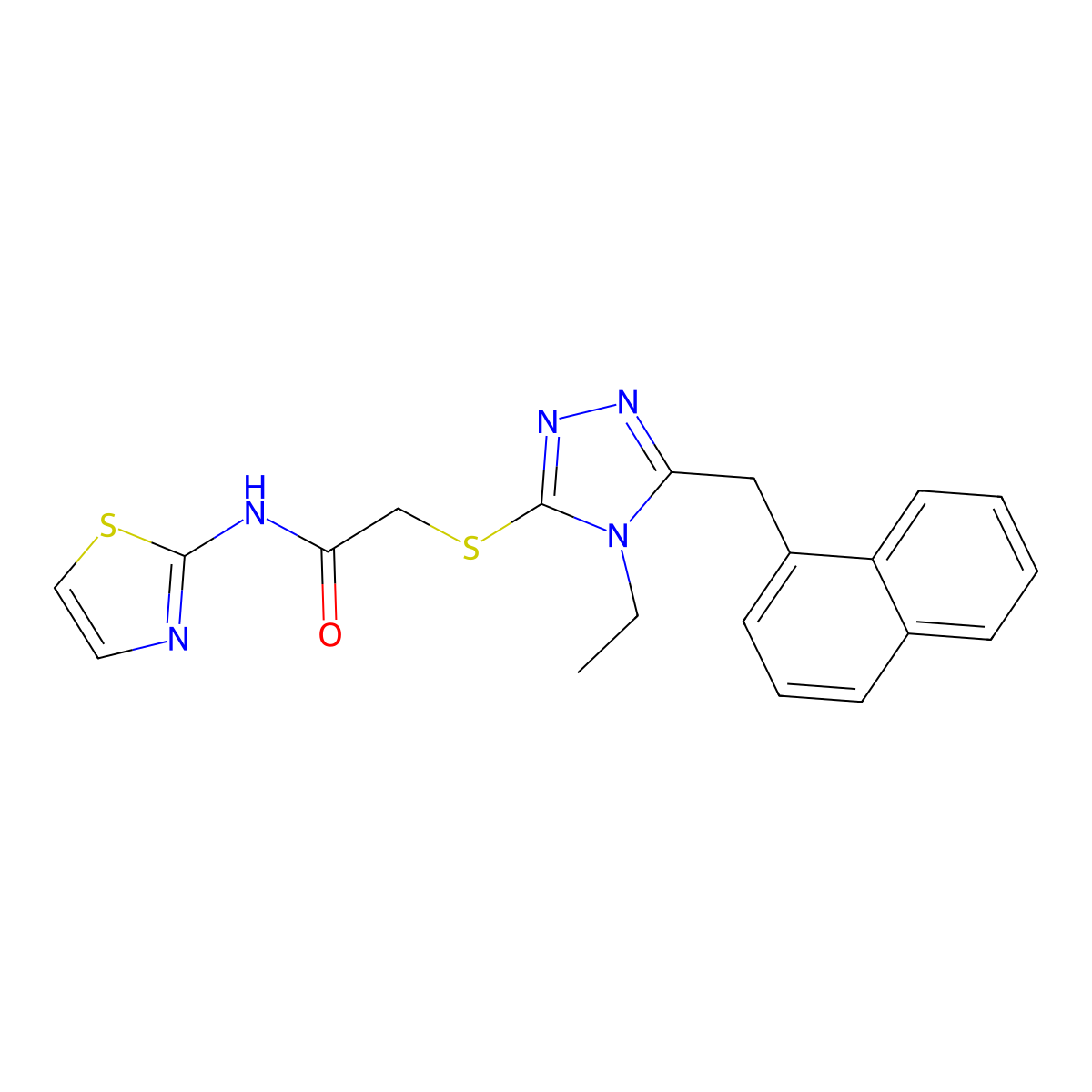 2-(4-Ethyl-5-naphthalen-1-ylmethyl-4H-[1,2,4]triazol-3-ylsulfanyl)-N-thiazol-2-yl-acetamide molecular structure, CAS 701228-64-0