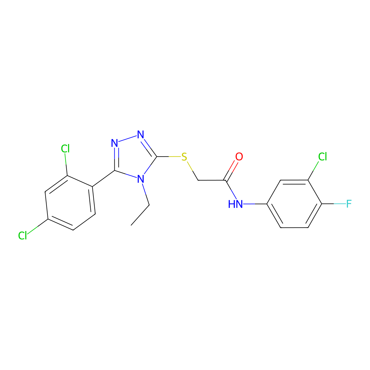 N-(3-chloro-4-fluorophenyl)-2-[[5-(2,4-dichlorophenyl)-4-ethyl-1,2,4-triazol-3-yl]sulfanyl]acetamide molecular structure, CAS 701229-40-5