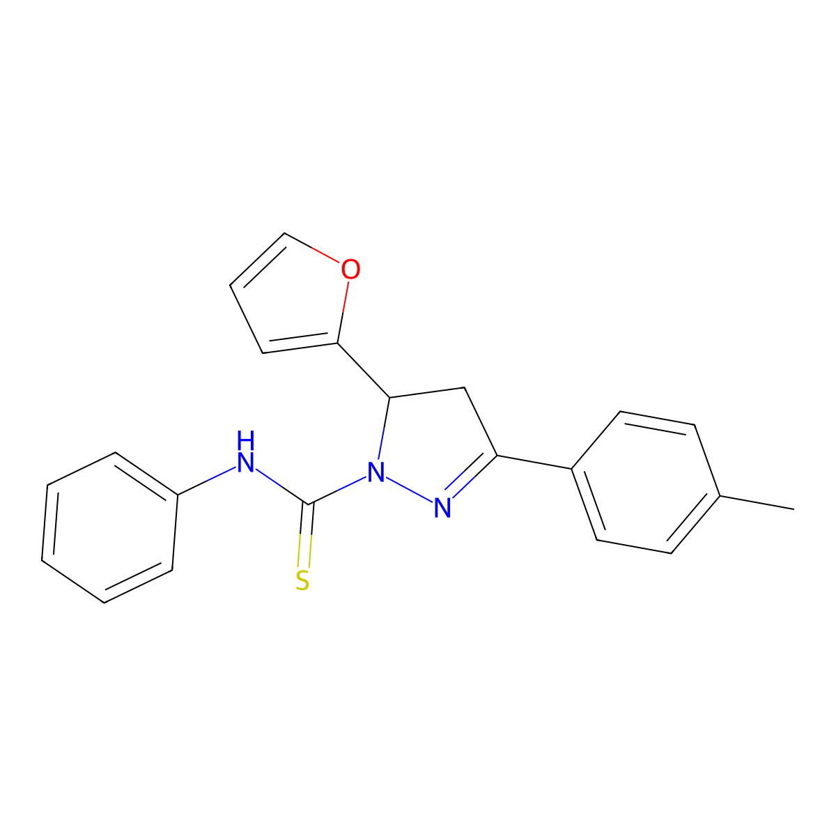 3-(furan-2-yl)-5-(4-methylphenyl)-N-phenyl-3,4-dihydropyrazole-2-carbothioamide molecular structure, CAS 701229-52-9