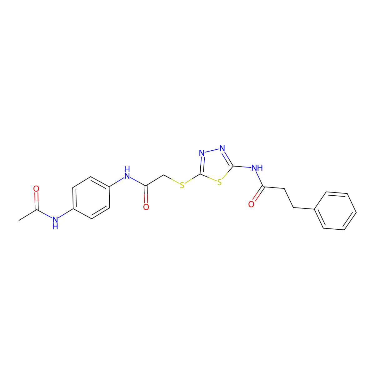 N-[5-[2-(4-acetamidoanilino)-2-oxoethyl]sulfanyl-1,3,4-thiadiazol-2-yl]-3-phenylpropanamide molecular structure, CAS 701229-55-2