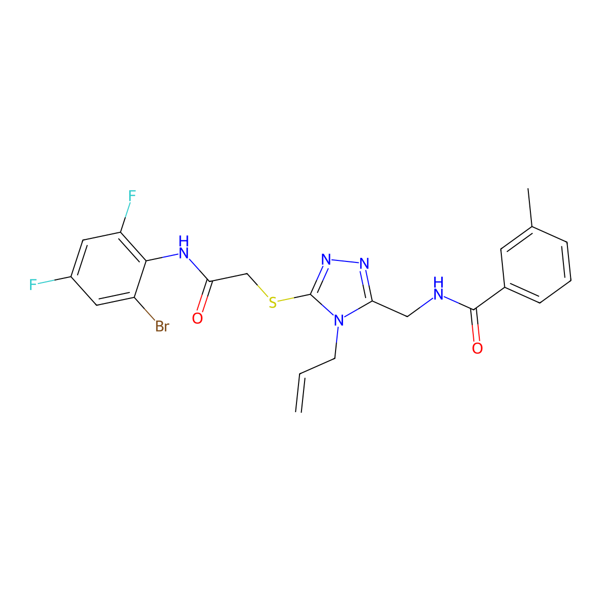 N-[[5-[2-(2-bromo-4,6-difluoroanilino)-2-oxoethyl]sulfanyl-4-prop-2-enyl-1,2,4-triazol-3-yl]methyl]-3-methylbenzamide molecular structure, CAS 701229-57-4