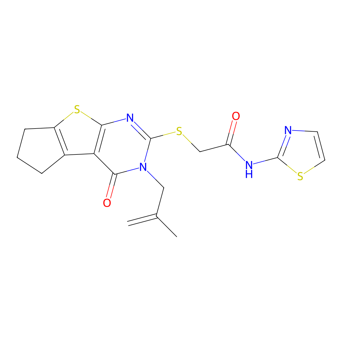 2-{[3-(2-methyl-2-propenyl)-4-oxo-3,5,6,7-tetrahydro-4H-cyclopenta[4,5]thieno[2,3-d]pyrimidin-2-yl]thio}-N-(1,3-thiazol-2-yl)acetamide molecular structure, CAS 701229-66-5