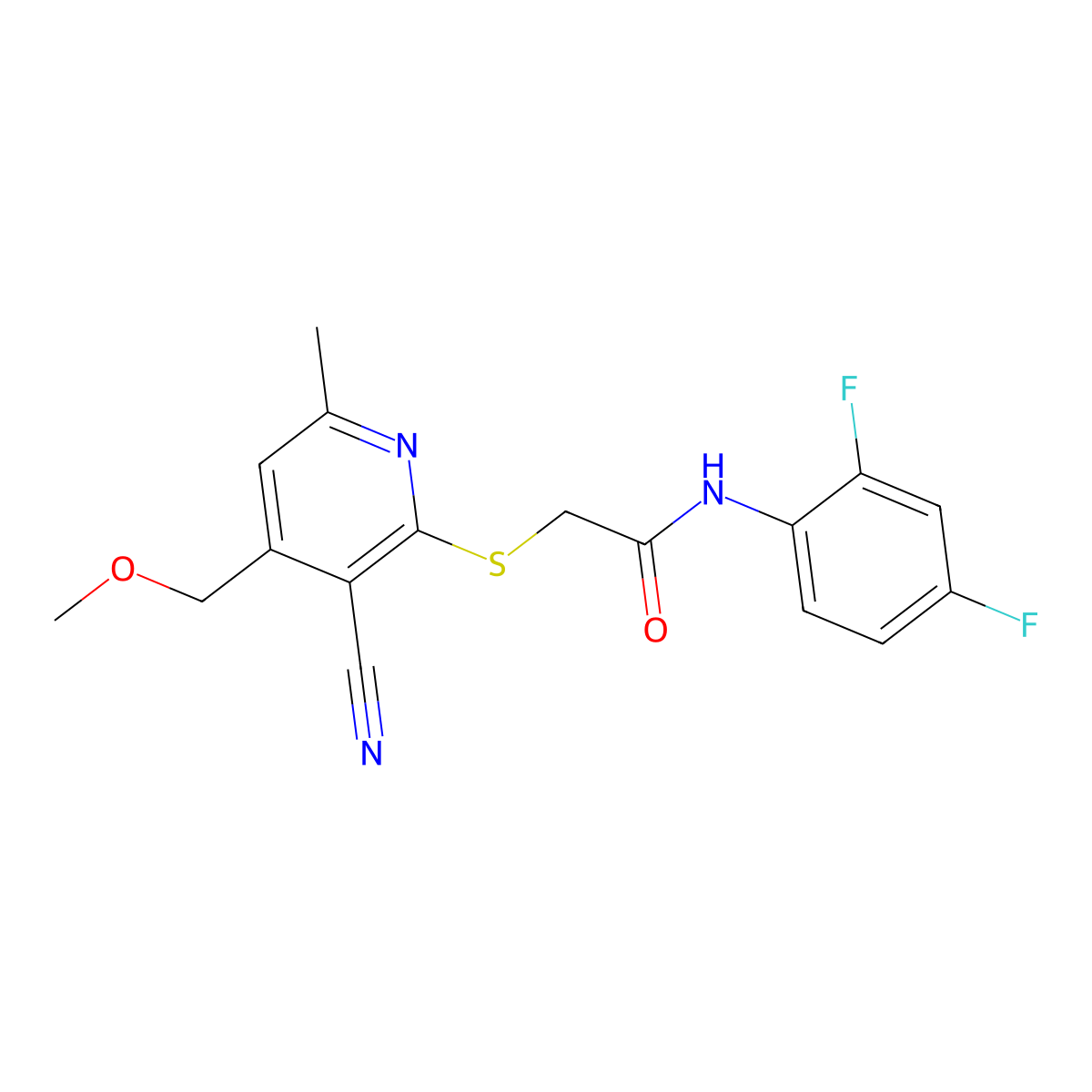 2-[3-cyano-4-(methoxymethyl)-6-methylpyridin-2-yl]sulfanyl-N-(2,4-difluorophenyl)acetamide molecular structure, CAS 701229-72-3