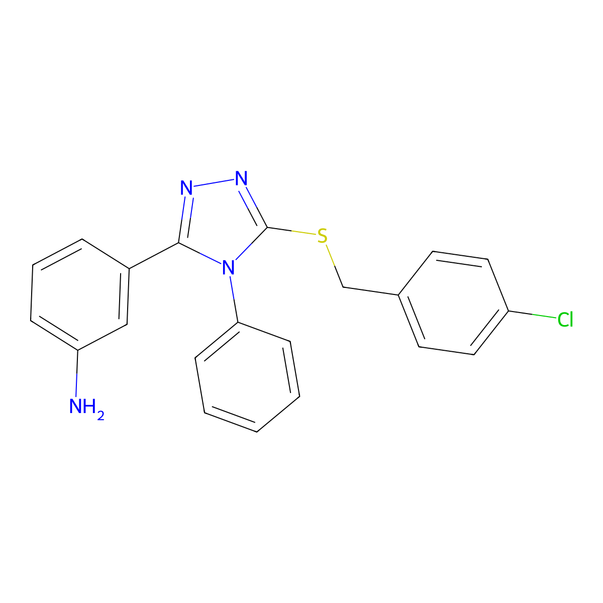 3-[5-[(4-Chlorophenyl)methylsulfanyl]-4-phenyl-1,2,4-triazol-3-yl]aniline molecular structure, CAS 701229-80-3