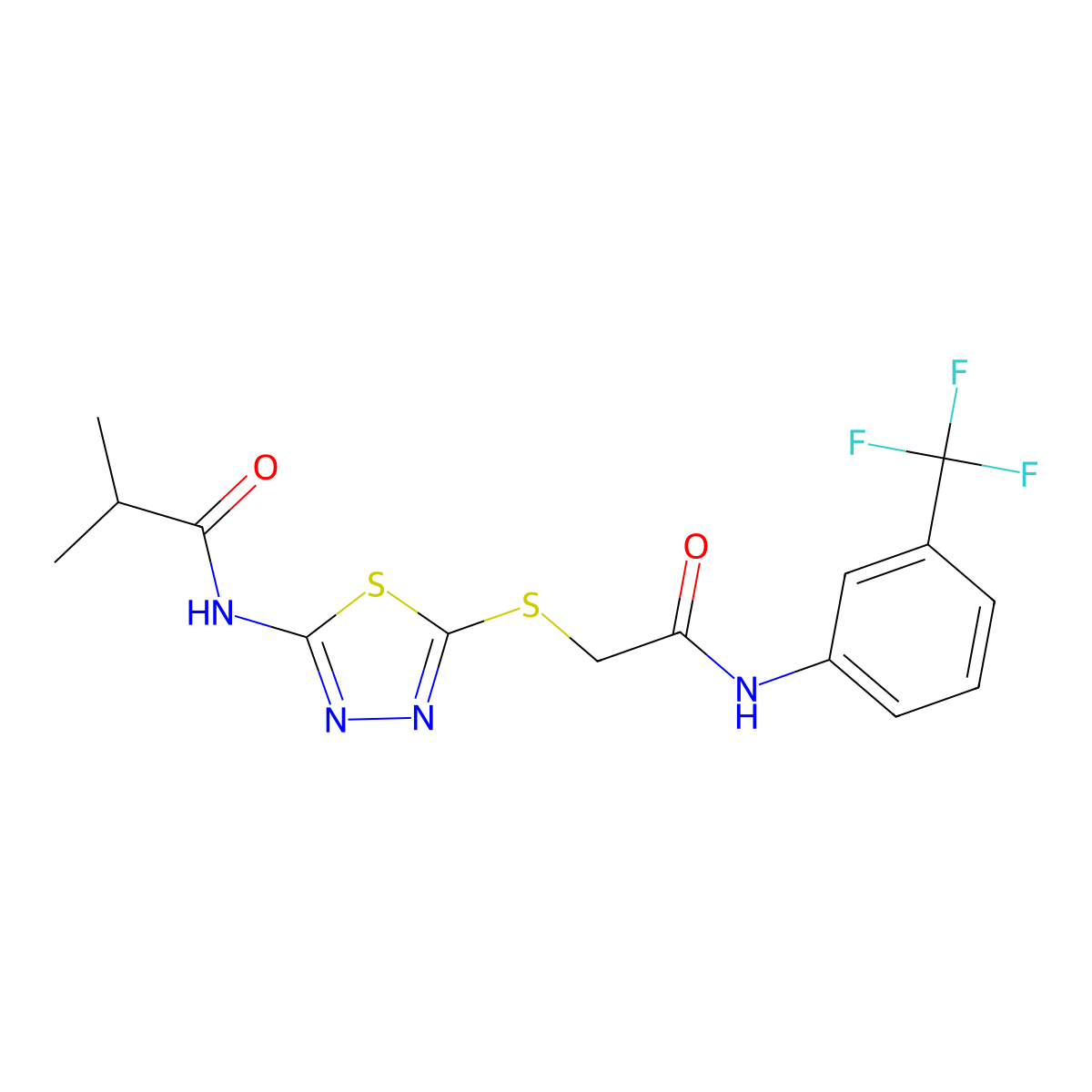 2-methyl-N-[5-[2-oxo-2-[3-(trifluoromethyl)anilino]ethyl]sulfanyl-1,3,4-thiadiazol-2-yl]propanamide molecular structure, CAS 701230-23-1